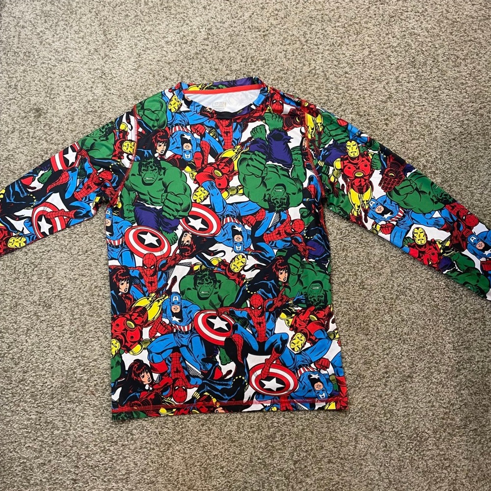 Marvel Avengers Comic Graphic Rash Guard Long Sleeve Swim Shirt Mens Large